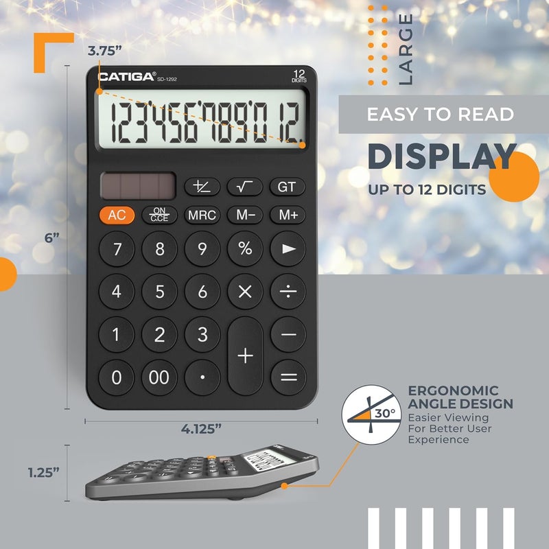 CATIGA 12 Digit Desktop Calculator with Large LCD Display, 4 Funtions Calculator, Round Design Big Button, Solar and Battery Dual Power, Standard Function for Office, Home, School, SD-1292 - Image 4